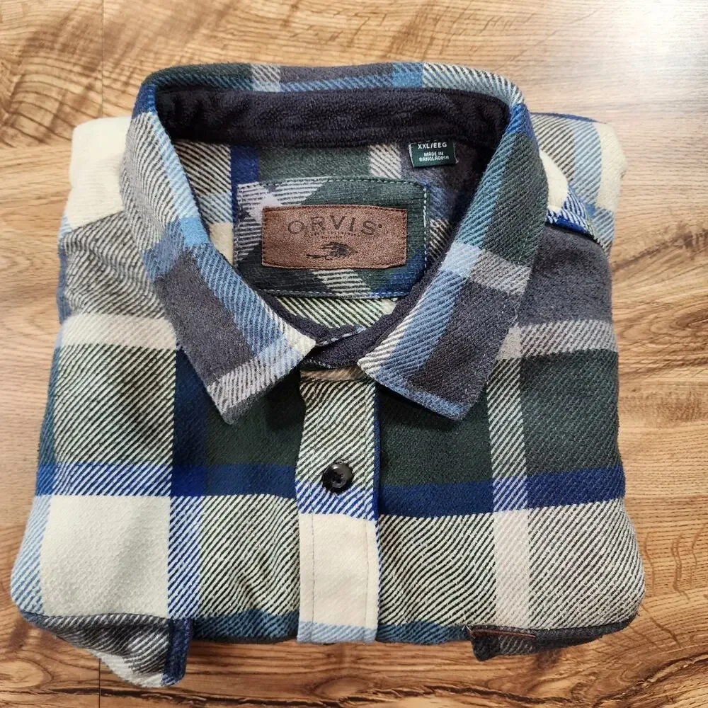 ORVIS HEAVY Flannel Shirt Jacket‎ Mens Size XXL Blue/White/Gray Plaid Flannel